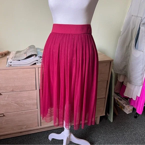 Maroon Red Layered Mesh Pleated Tutu High-Waist Modest Midi Knee-Length Skirt S - Picture 4 of 16